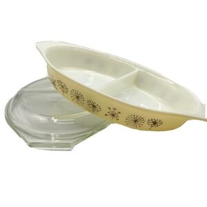 Vintage 1959 Pyrex DANDELION DUET 1.5 Qt.  Divided Casserole Dish With Lid